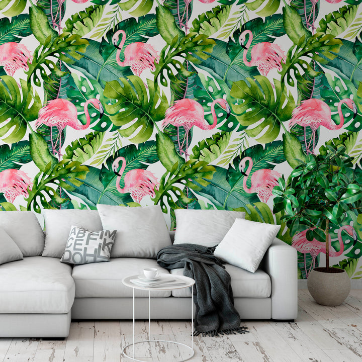 Tropical Jungle with Flamingos Wallpaper