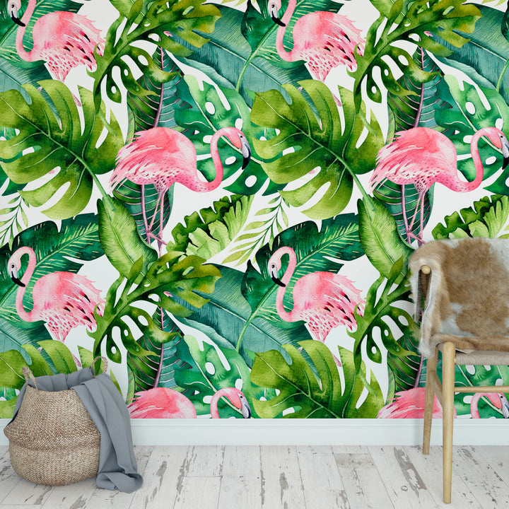 Tropical Jungle with Flamingos Wallpaper