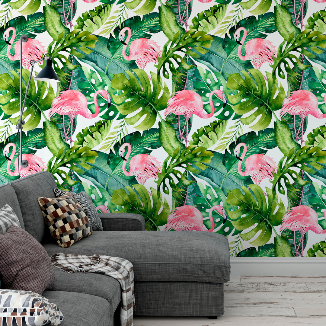 Tropical Jungle with Flamingos Wallpaper