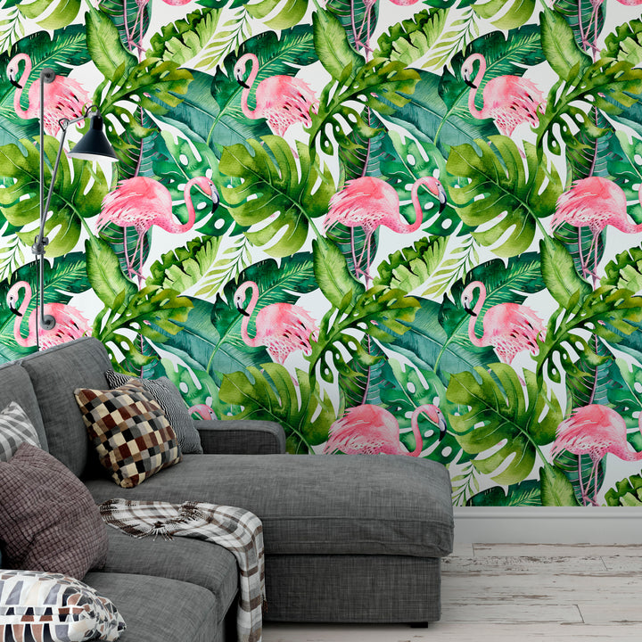 Tropical Jungle with Flamingos Wallpaper