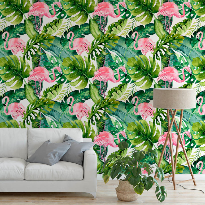Tropical Jungle with Flamingos Wallpaper