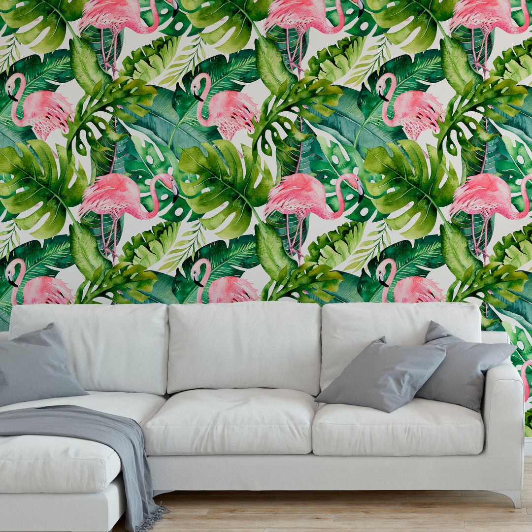 Tropical Jungle with Flamingos Wallpaper