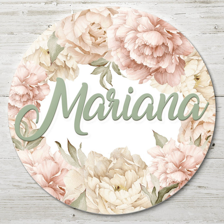 Boho Blush Watercolor Peony Bouquet Custom Round Name Sign