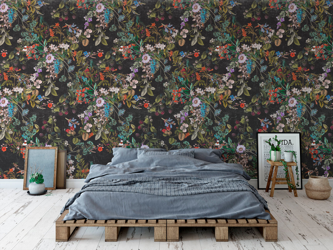 Vintage Botanical Dark Gray Floral Distressed Peel and Stick Removable Self Adhesive Wallpaper A049