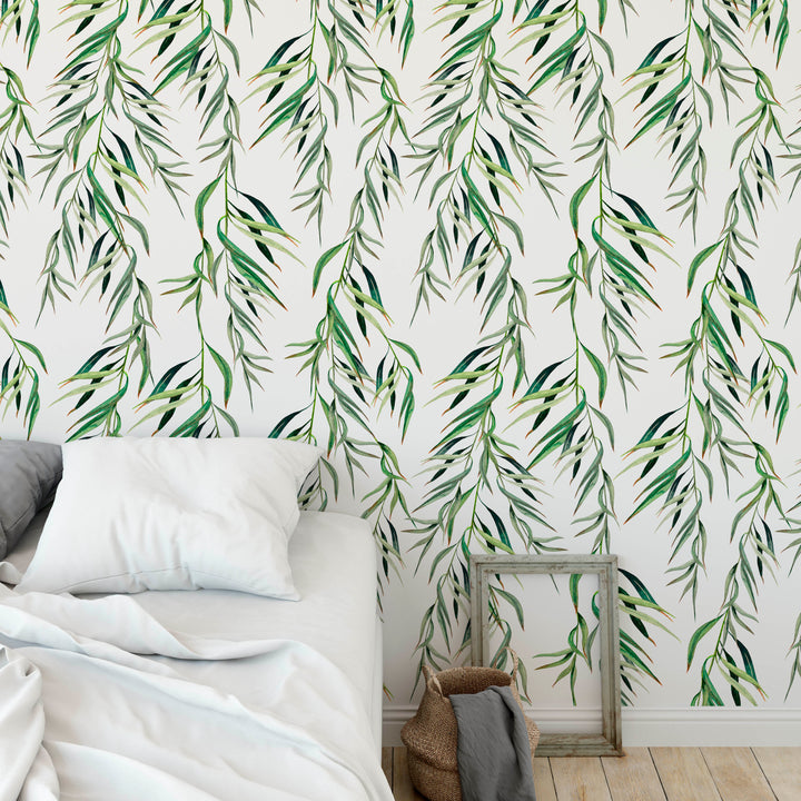 Eucalyptus Foliage Tropical Light Watercolor Leaves Removable Self Adhesive Wallpaper, Peel and Stick Wallpaper A085