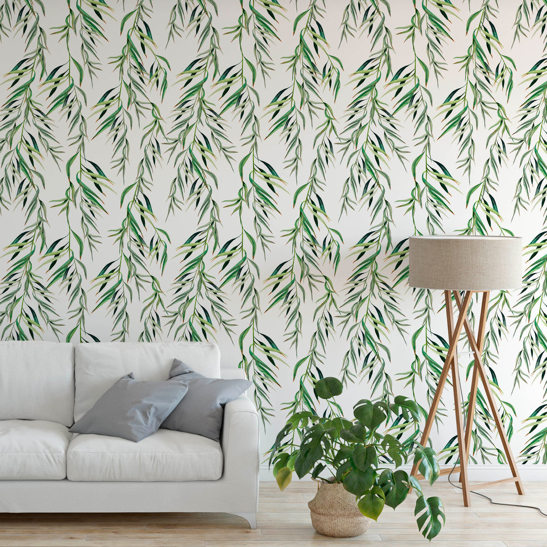 Eucalyptus Foliage Tropical Light Watercolor Leaves Removable Self Adhesive Wallpaper, Peel and Stick Wallpaper A085