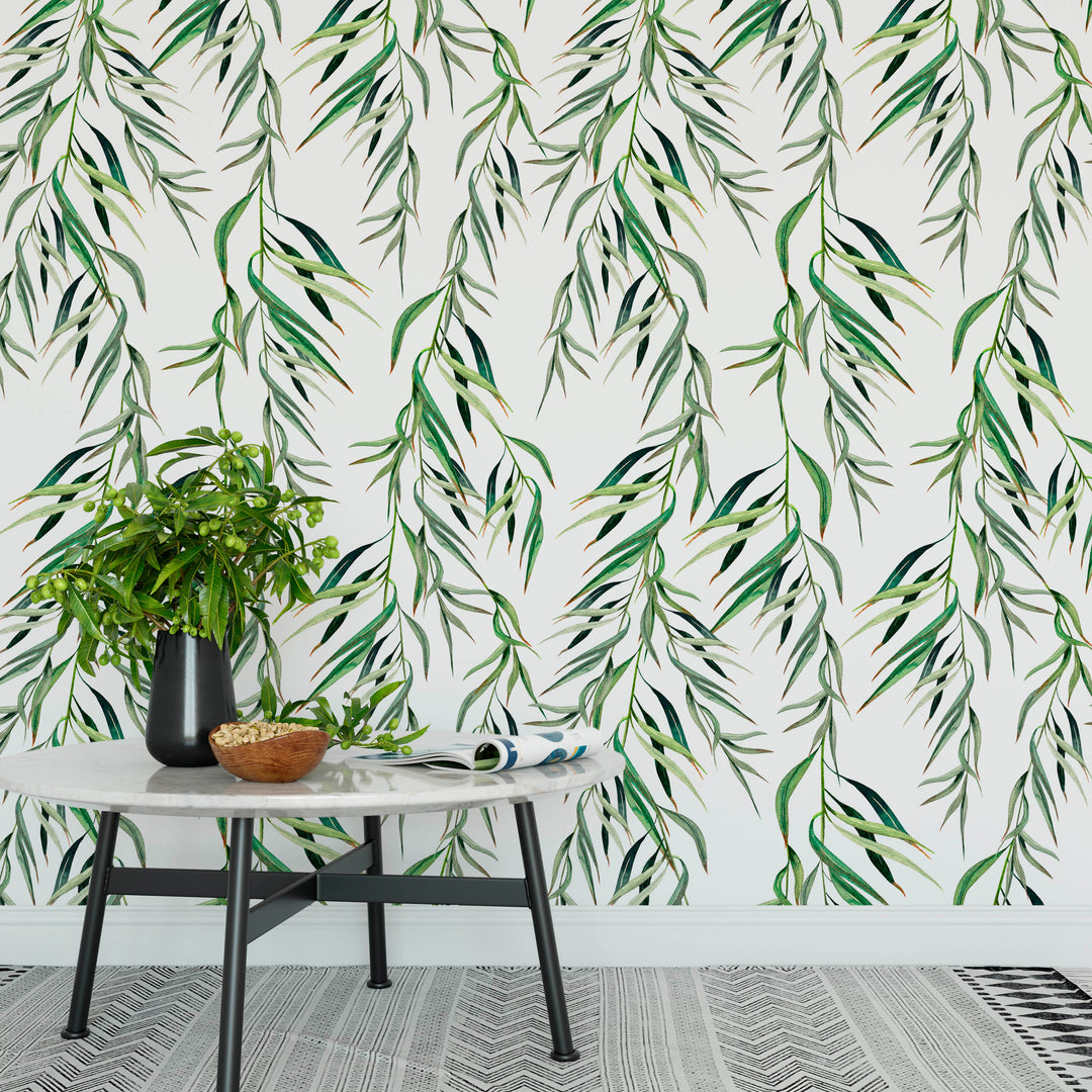 Eucalyptus Foliage Tropical Light Watercolor Leaves Removable Self Adhesive Wallpaper, Peel and Stick Wallpaper A085