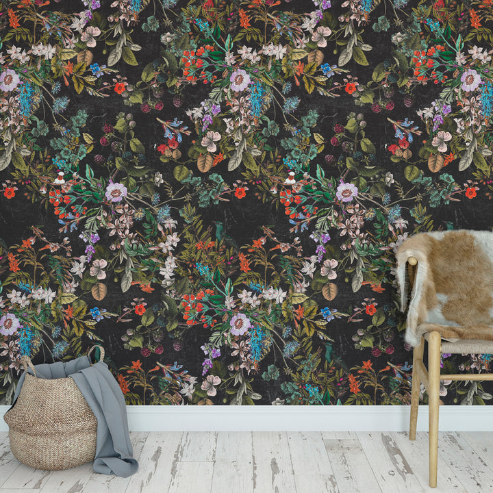 Vintage Botanical Dark Gray Floral Distressed Peel and Stick Removable Self Adhesive Wallpaper A049