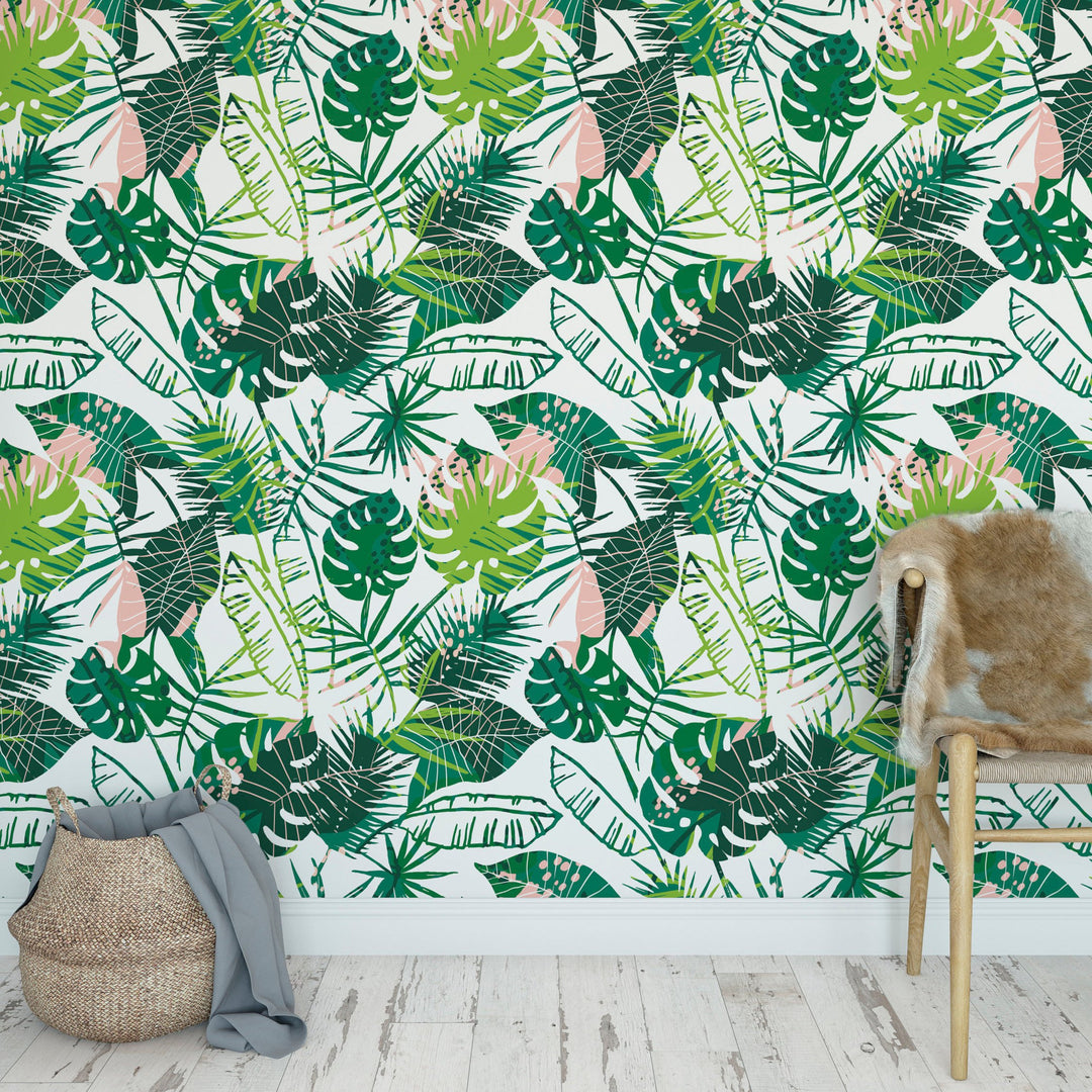 Tropical Leaves Summer Bohemian Jungle Mural Removable Self Adhesive Peel and Stick Wallpaper A006