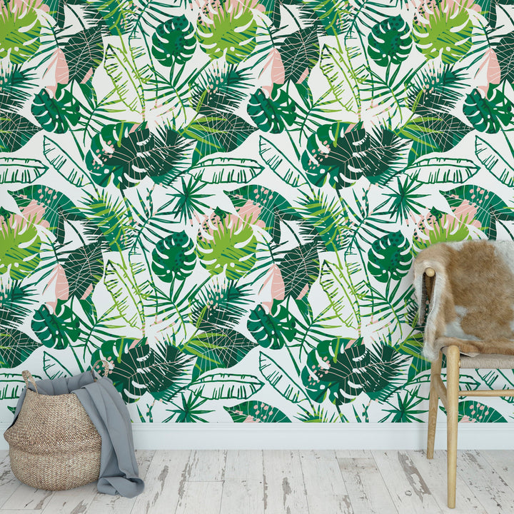 Tropical Leaves Summer Bohemian Jungle Mural Removable Self Adhesive Peel and Stick Wallpaper A006
