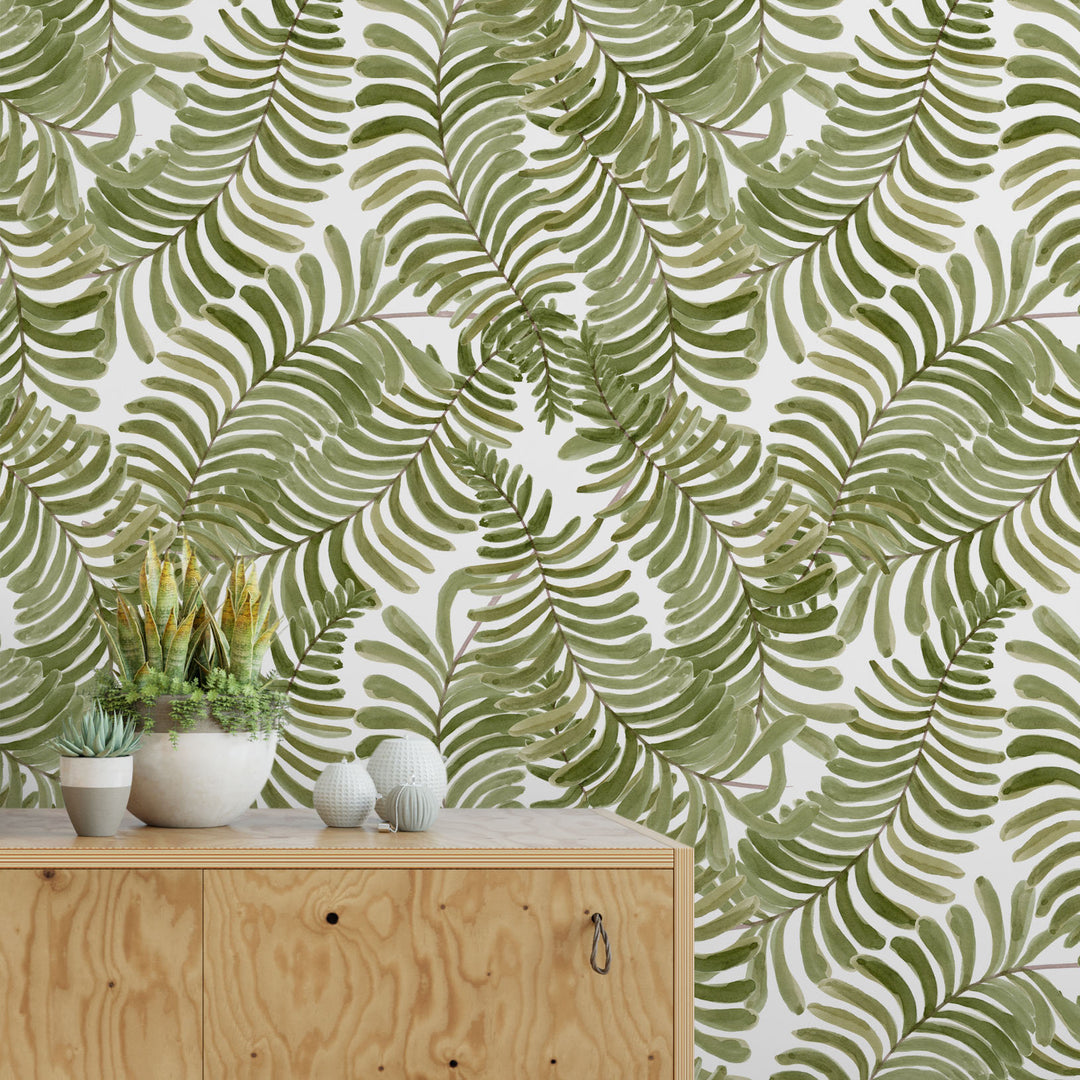 Light Watercolor Fern Leaves Removable Self Adhesive Wallpaper, Peel and Stick Wallpaper A080