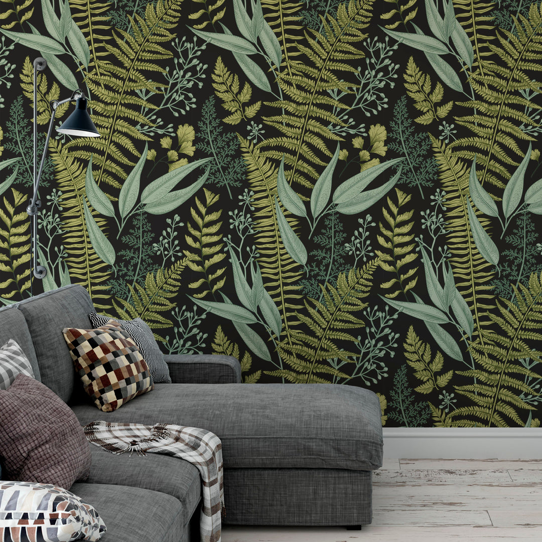 Natural Botanical Foliage with Ferns and Leaves Wallpaper Self Adhesive Peel and Stick Wallpaper A083