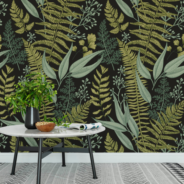 Natural Botanical Foliage with Ferns and Leaves Wallpaper Self Adhesive Peel and Stick Wallpaper A083