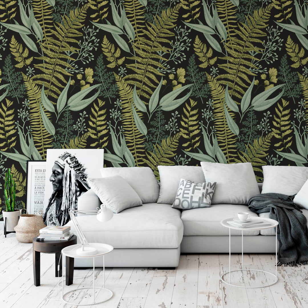 Natural Botanical Foliage with Ferns and Leaves Wallpaper Self Adhesive Peel and Stick Wallpaper A083