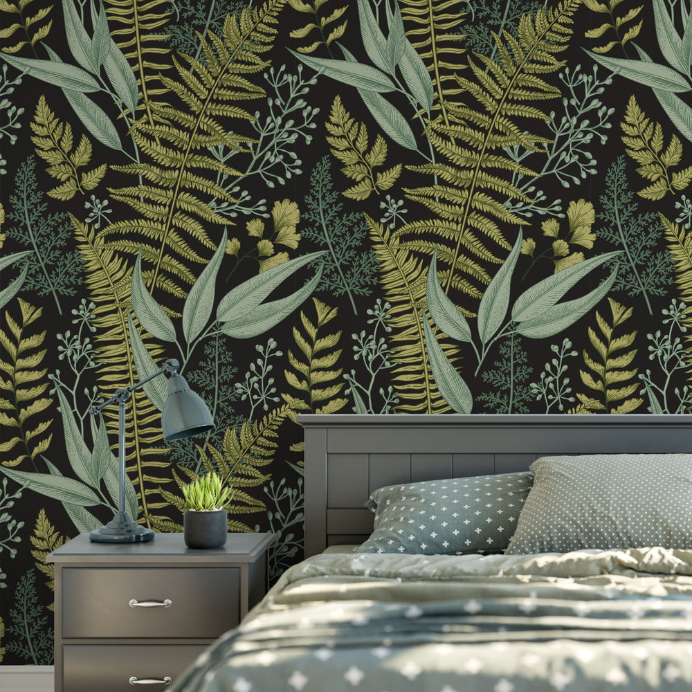 Natural Botanical Foliage with Ferns and Leaves Wallpaper Self Adhesive Peel and Stick Wallpaper A083