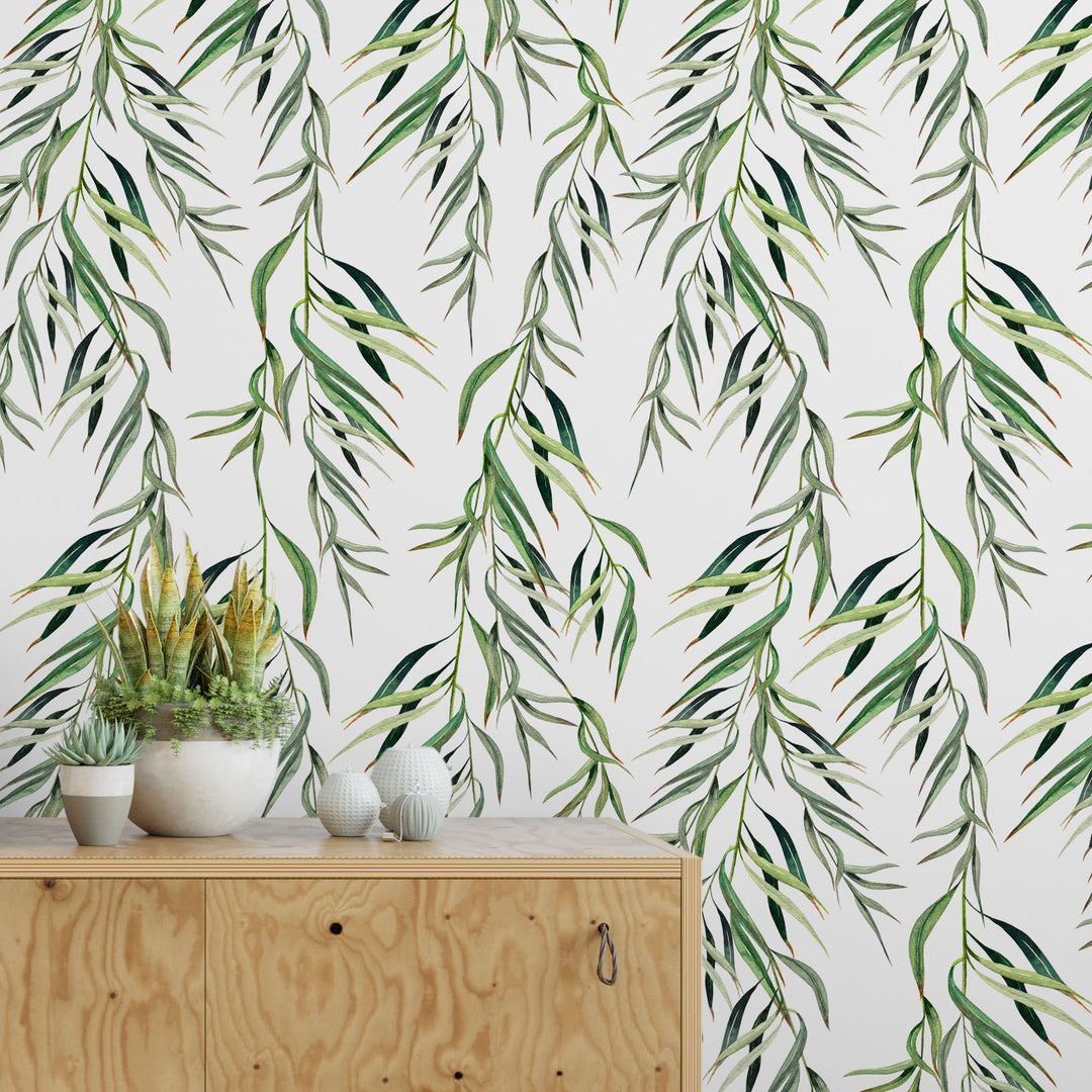 Eucalyptus Foliage Tropical Light Watercolor Leaves Removable Self Adhesive Wallpaper, Peel and Stick Wallpaper A085