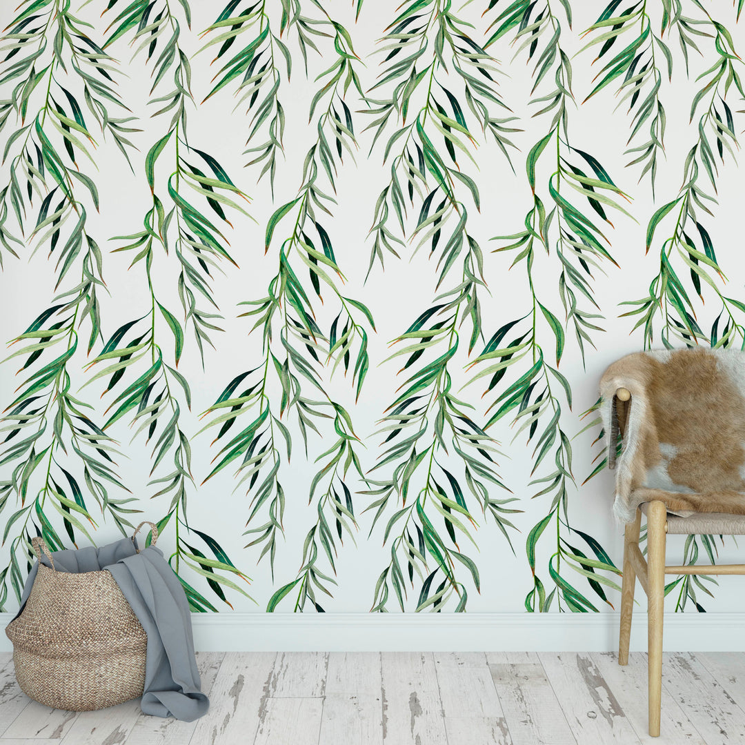 Eucalyptus Foliage Tropical Light Watercolor Leaves Removable Self Adhesive Wallpaper, Peel and Stick Wallpaper A085