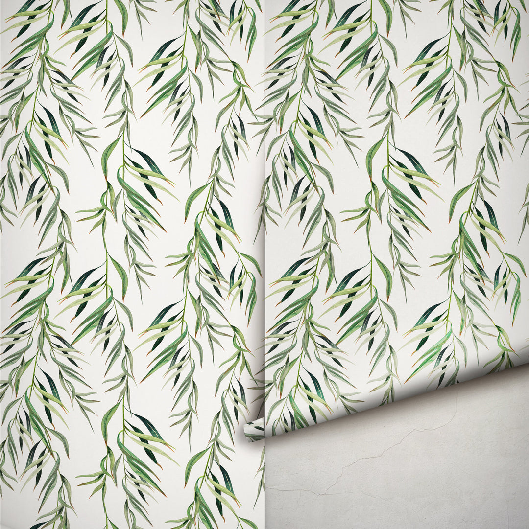 Eucalyptus Foliage Tropical Light Watercolor Leaves Removable Self Adhesive Wallpaper, Peel and Stick Wallpaper A085