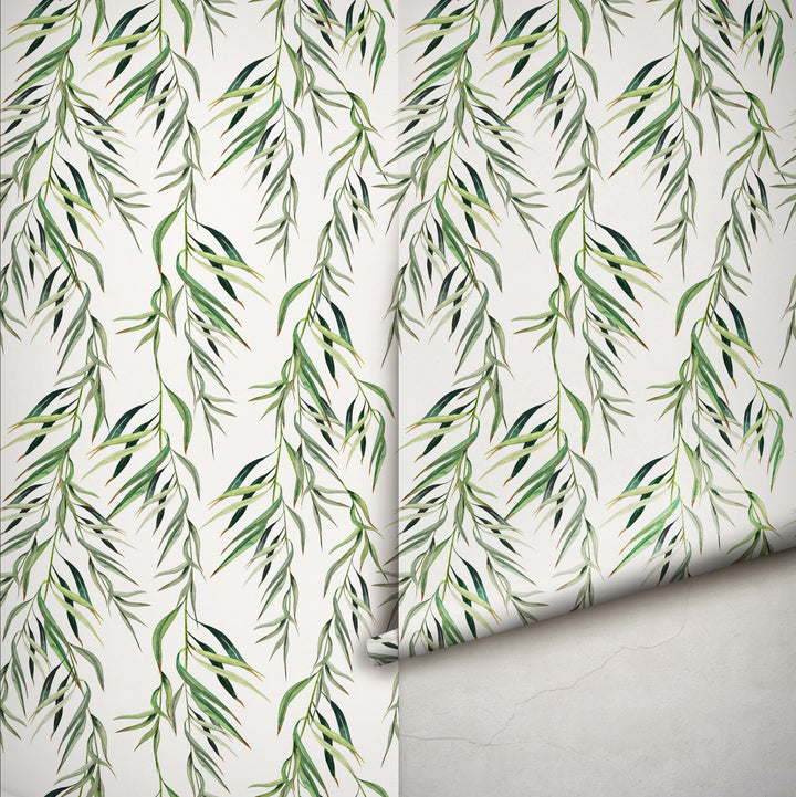 Eucalyptus Foliage Tropical Light Watercolor Leaves Removable Self Adhesive Wallpaper, Peel and Stick Wallpaper A085