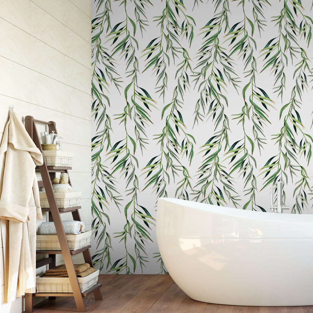 Eucalyptus Foliage Tropical Light Watercolor Leaves Removable Self Adhesive Wallpaper, Peel and Stick Wallpaper A085