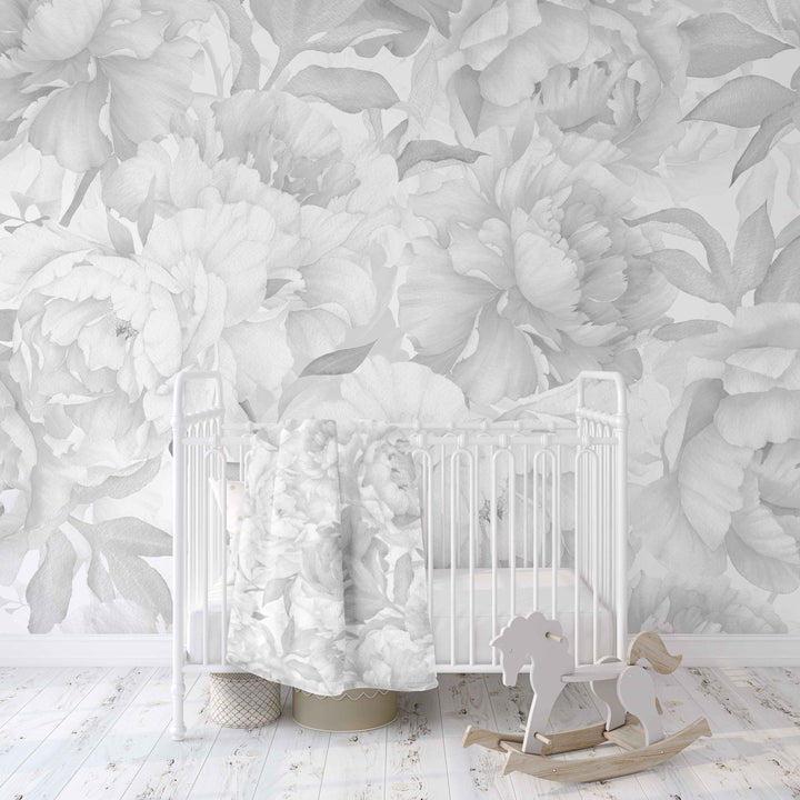 Soft Gray Peonies Floral Baby Minky Blanket