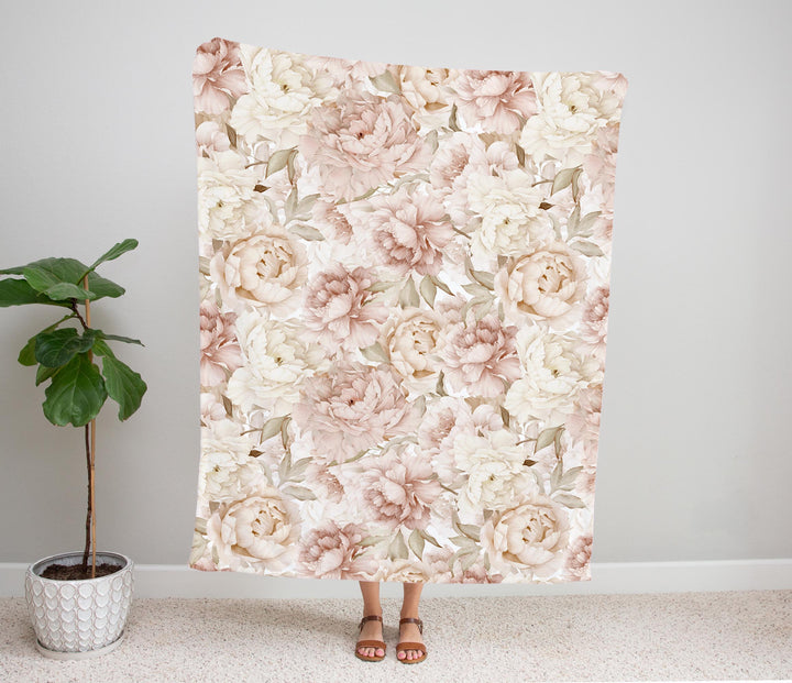 Boho Blush Watercolor Peony Bouquet Baby Minky Blanket