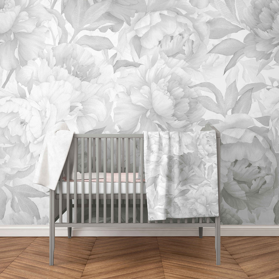 Soft Gray Peonies Floral Baby Minky Blanket