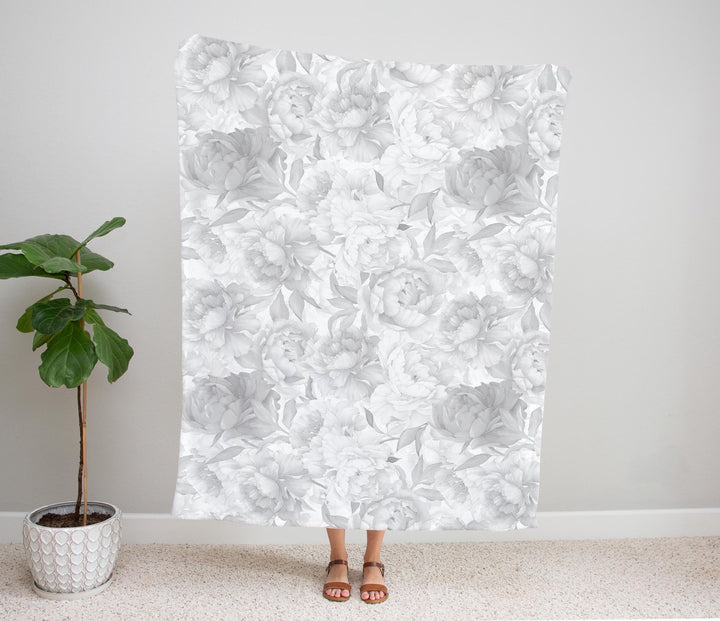 Soft Gray Peonies Floral Baby Minky Blanket