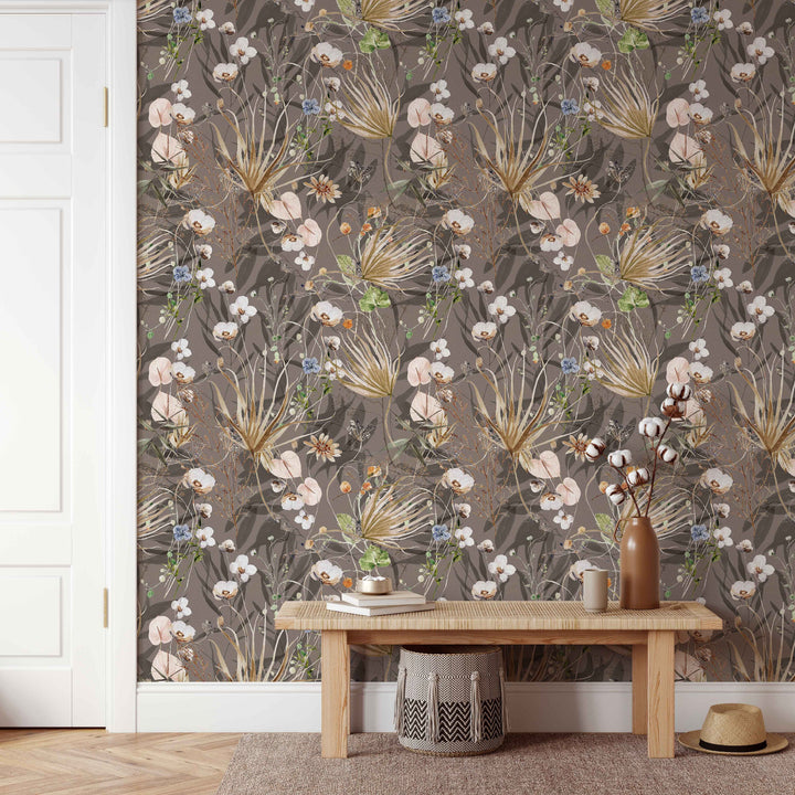 Palms and Wildflowers Boho Mauve Wallpaper