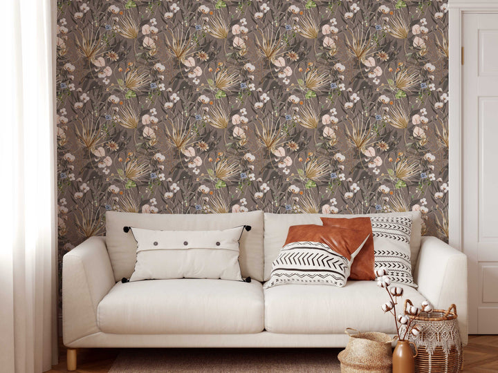 Palms and Wildflowers Boho Mauve Wallpaper