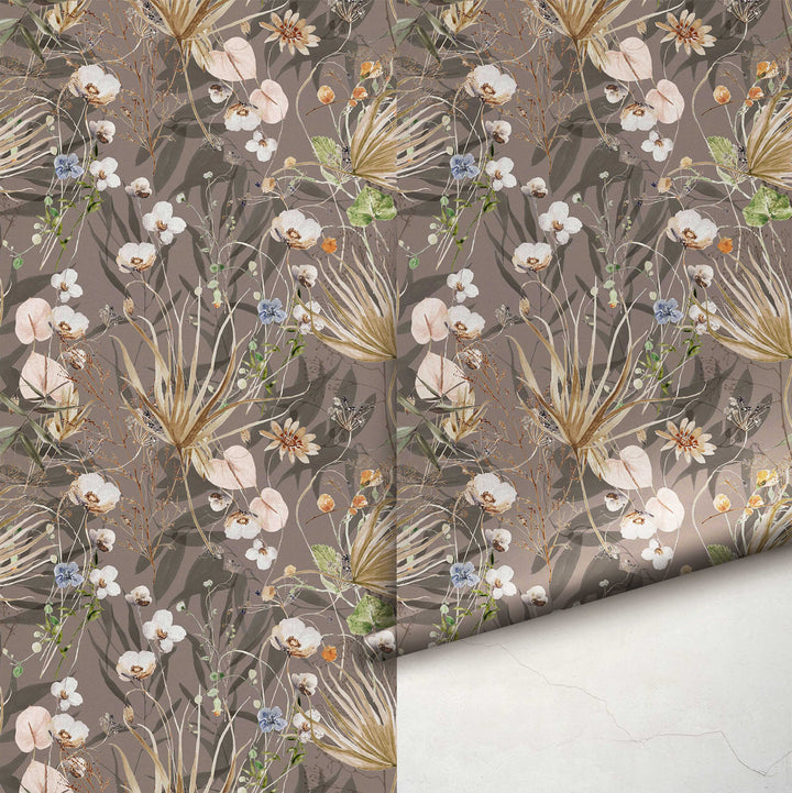 Palms and Wildflowers Boho Mauve Wallpaper