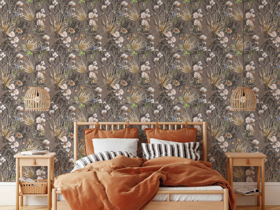 Palms and Wildflowers Boho Mauve Wallpaper