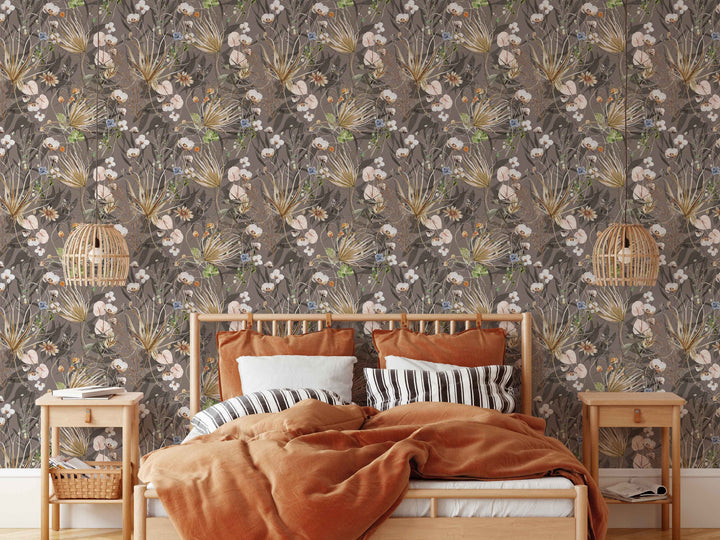 Palms and Wildflowers Boho Mauve Wallpaper