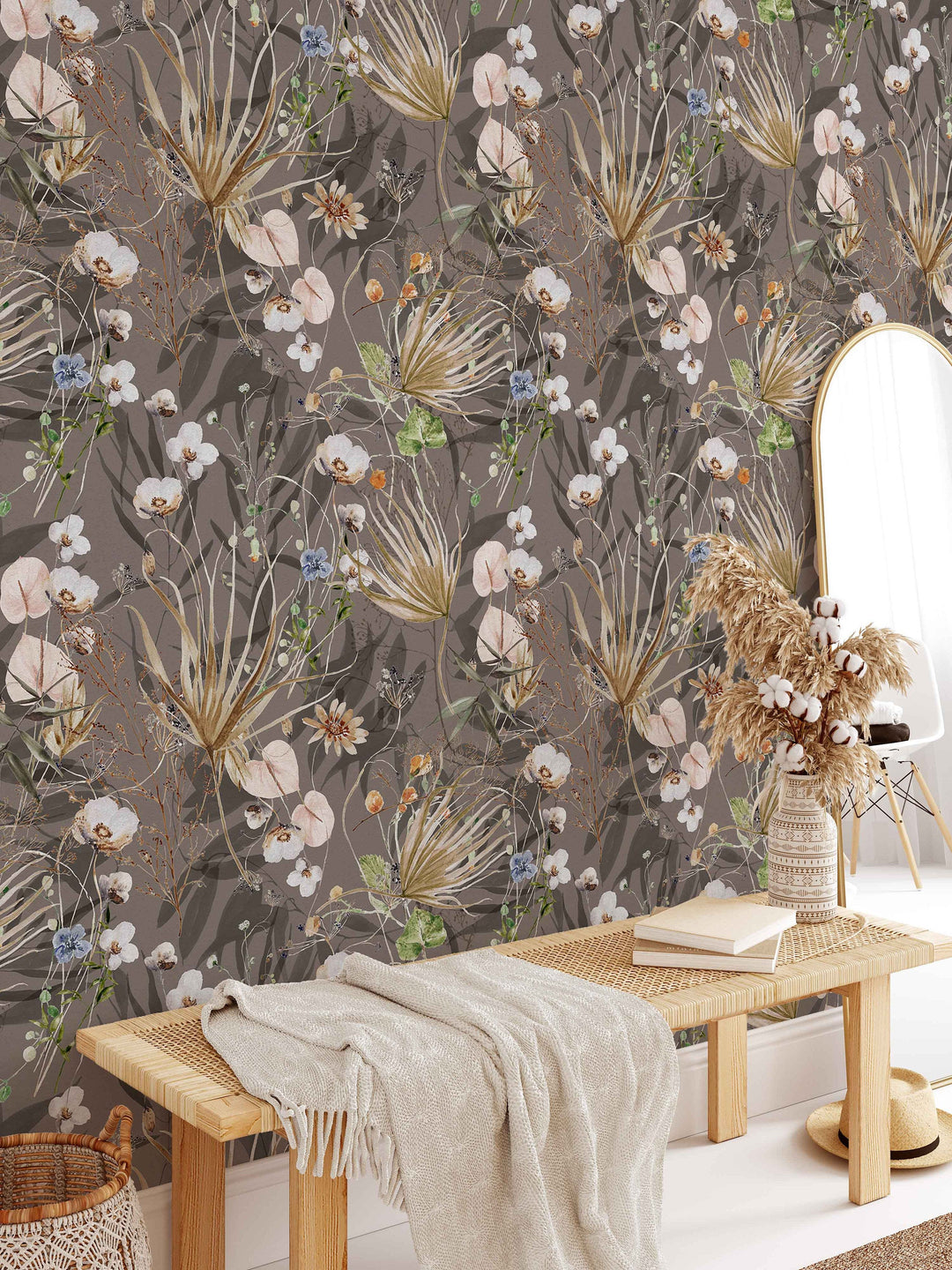 Palms and Wildflowers Boho Mauve Wallpaper