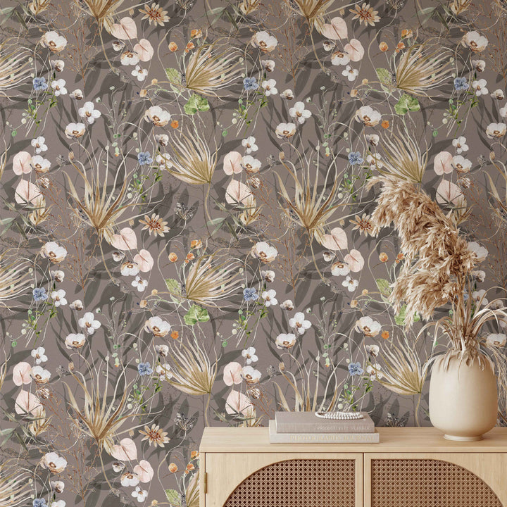 Palms and Wildflowers Boho Mauve Wallpaper