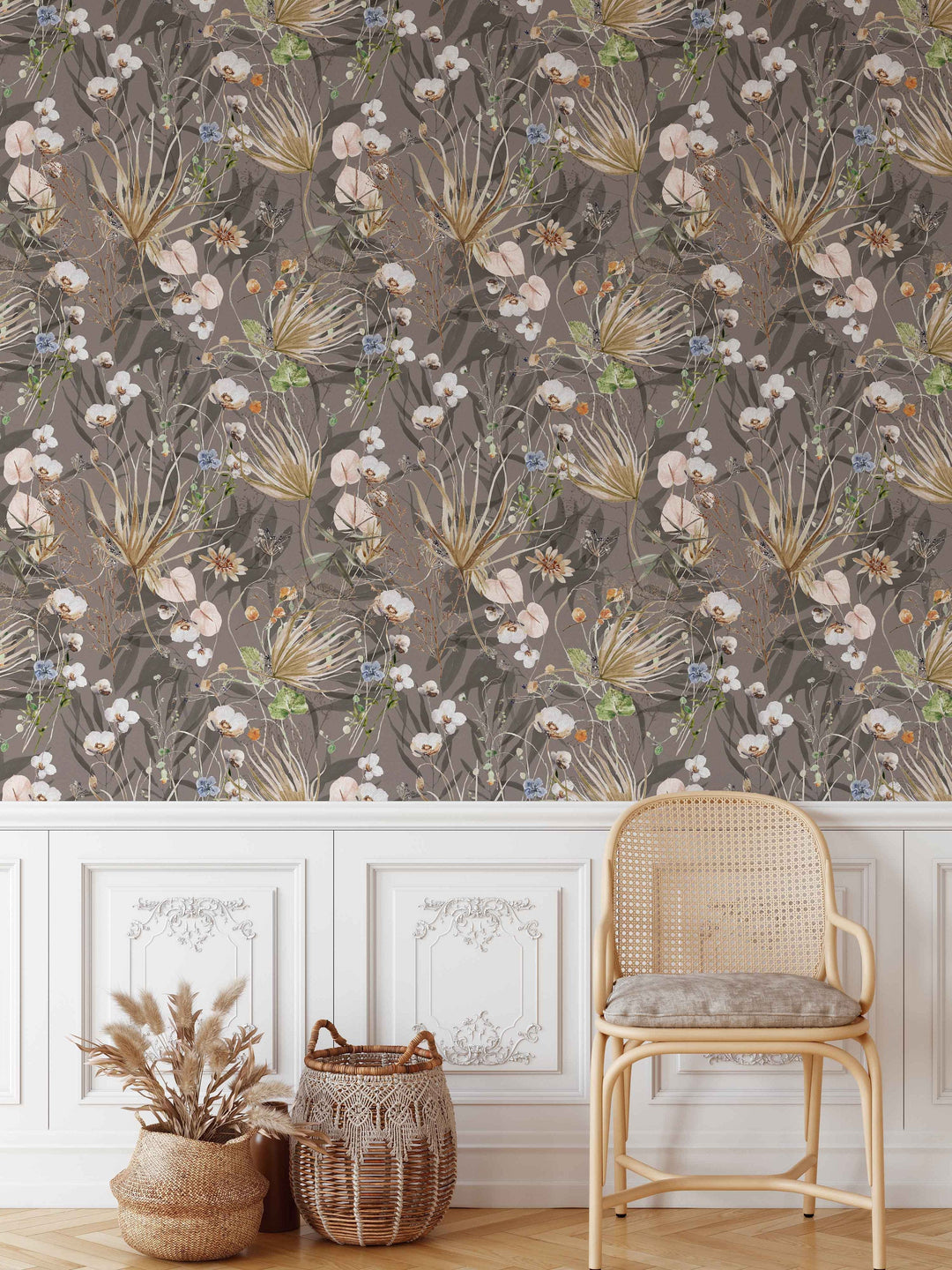 Palms and Wildflowers Boho Mauve Wallpaper