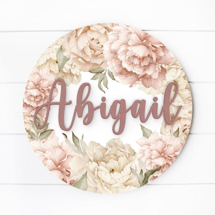 Boho Blush Watercolor Peony Bouquet Custom Round Name Sign