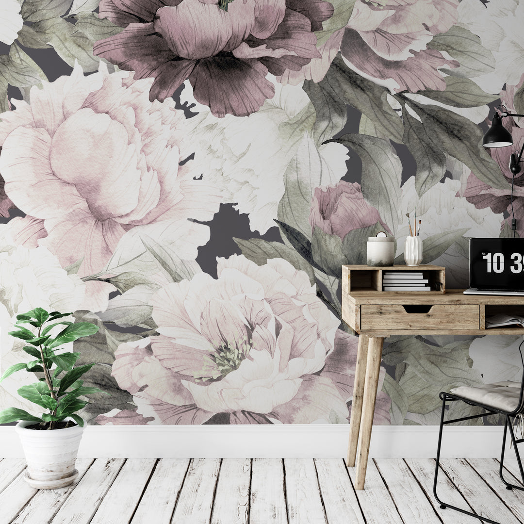 Peonies in Dusty Rose Wallpaper Mural  | Removable Peel and Stick Wallpaper