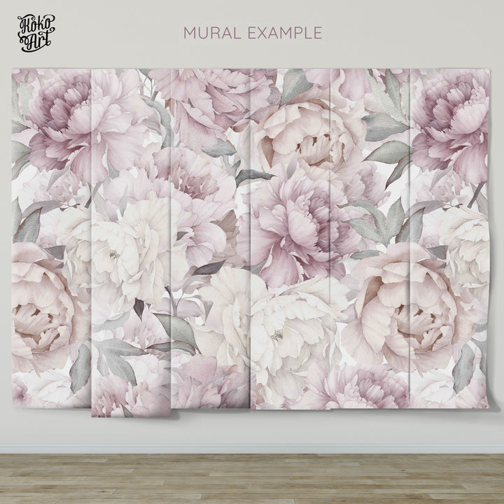 How your mural will look like | Muted Watercolor Peony Bouquet | Peel and Stick Wallpaper | Koko Art Shop