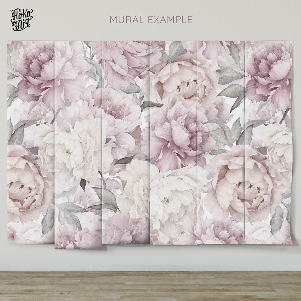 How your mural will look like | Muted Watercolor Peony Bouquet | Peel and Stick Wallpaper | Koko Art Shop