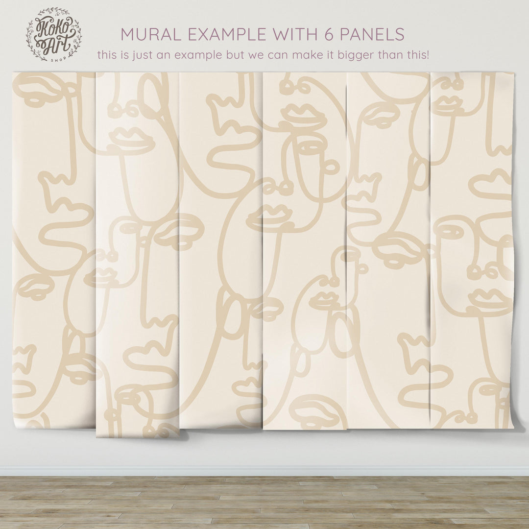 Faces Art Line Drawing in Cream Wallpaper Mural