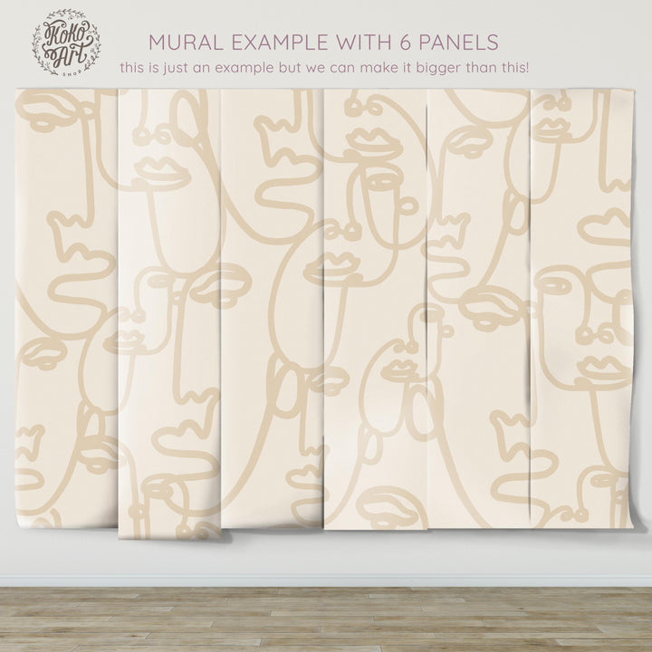 Faces Art Line Drawing in Cream Wallpaper Mural